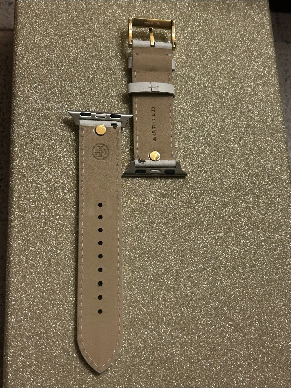 Tory Burch Ivory Leather Apple Watch Band with Gold Logo Hardware